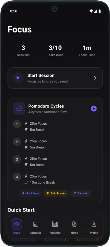 FocusPro Home Screen - Dark Mode